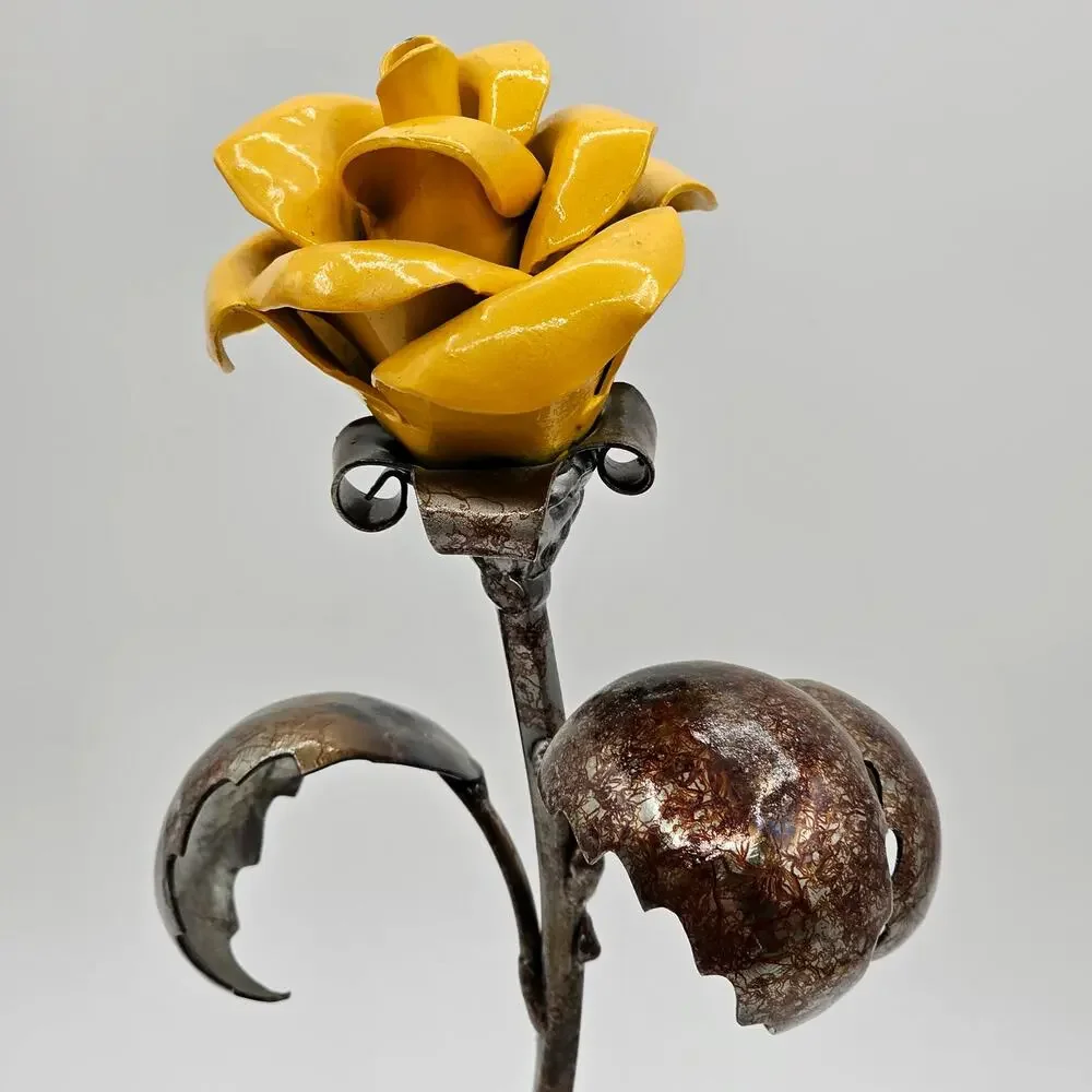 Signed Hand Forged Metal Rose Sculpture Yellow Heat Painted Blacksmith Art 2019